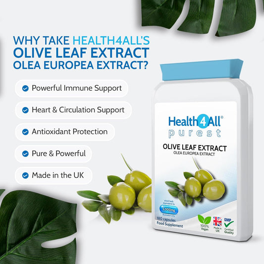 Health4All Olive Leaf Extract - 100Mg Oleuropein Per Capsule | 20% Standardised 10:1 Extract From Wild European Leaves | 180 Vegan Capsules - 6 Month Supply | No Additives | Immune & Heart Support