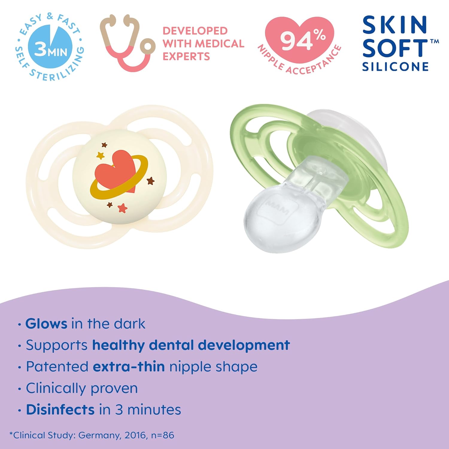 Mam Perfect Night Baby Pacifier, Patented Nipple, Glows In The Dark, 2 Pack, 16+ Months, Blue/Boy