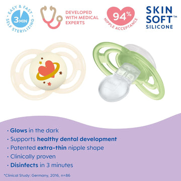 Mam Perfect Night Baby Pacifier, Patented Nipple, Glows In The Dark, 2 Pack, 16+ Months, Blue/Boy