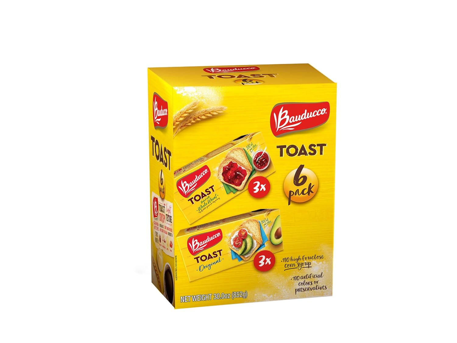 Bauducco Toast - Delicious, Light & Crispy Toasted Bread - Original & Whole Wheat - Ready-To-Eat Breakfast Toast & Sandwich Bread - No Artificial Flavors - 30 Oz (Pack Of 6)