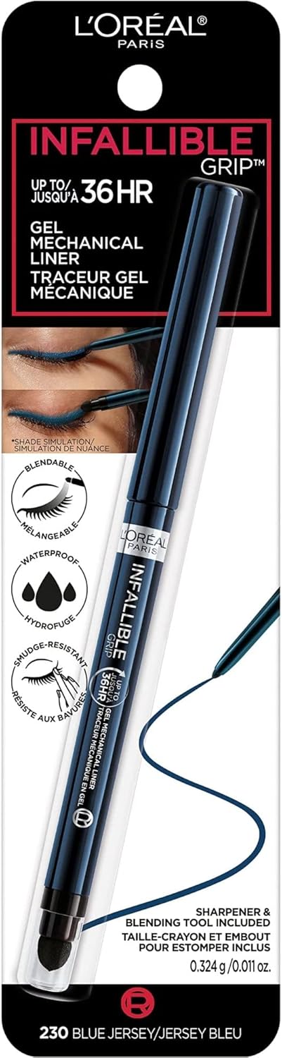 L'Oreal Paris Infallible Grip Mechanical Gel Eyeliner Pencil, Smudge-Resistant, Waterproof Eye Makeup With Up To 36Hr Wear, Blue Jersey, 0.01 Oz