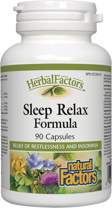 Herbal Factors Sleep Relax Formula by Natural Factors, Natural Sleep Aid with Valerian Root, Passion ower and Skullcap, Non-GMO, 90 capsules (90 servings)