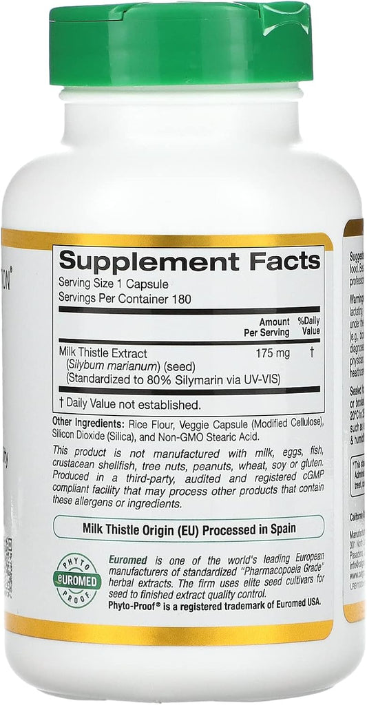 Milk Thistle Extract, Supports Liver Health, Standardized To 80% Silymarin Flavonoids, 175 Mg, 180 Veggie Capsules