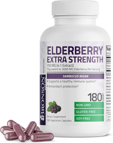 Bronson Elderberry Extra Strength, Supports Healthy Immune System & Antioxidant Protection, Non Gmo, 180 Vegetarian Capsules