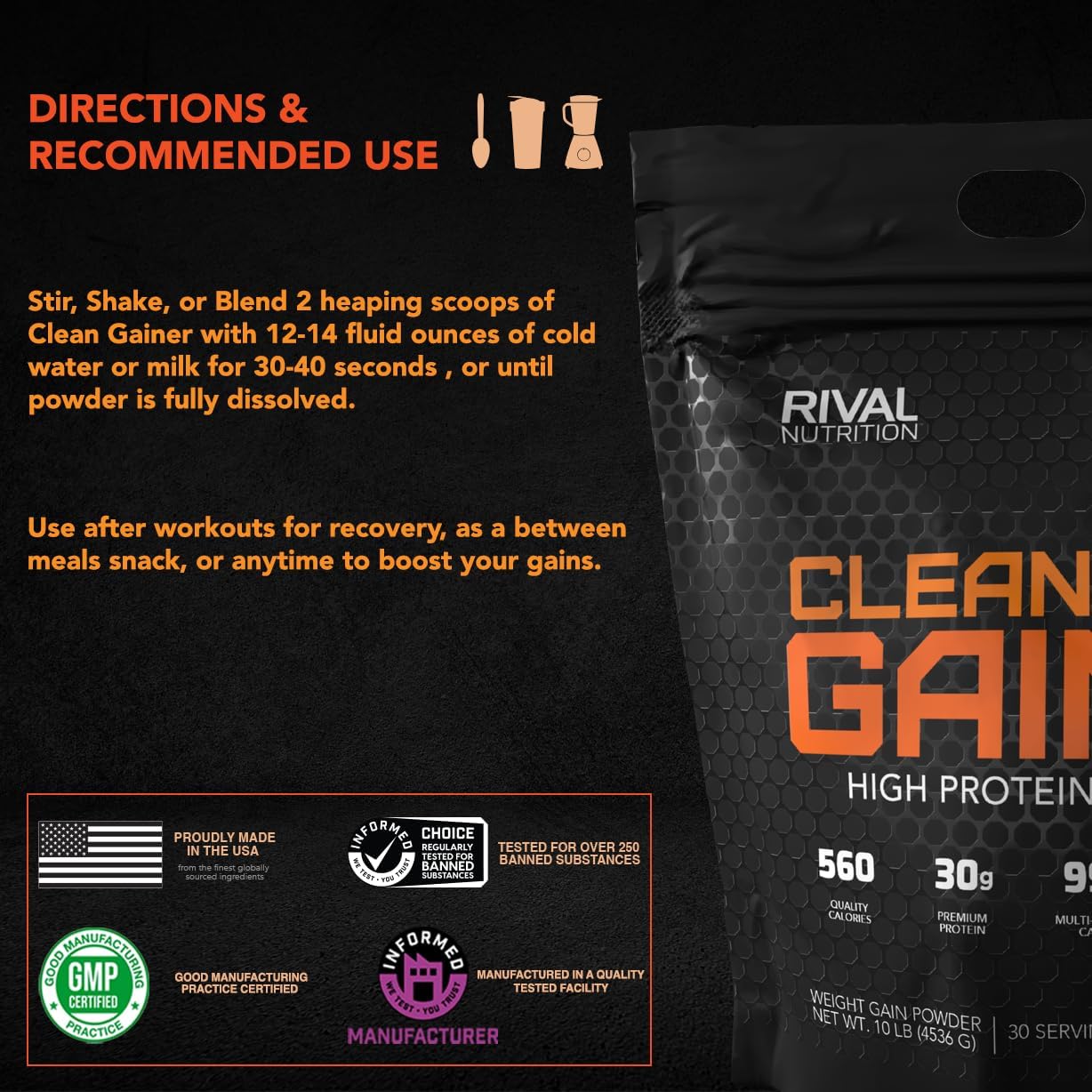 Rivalus Clean Gainer - Chocolate Fudge 10 Pound - Delicious Lean Mass Gainer with Premium Dairy Proteins, Complex Carbohydrates, and Quality Lipids, No Banned Substances, Made in USA : Health & Household