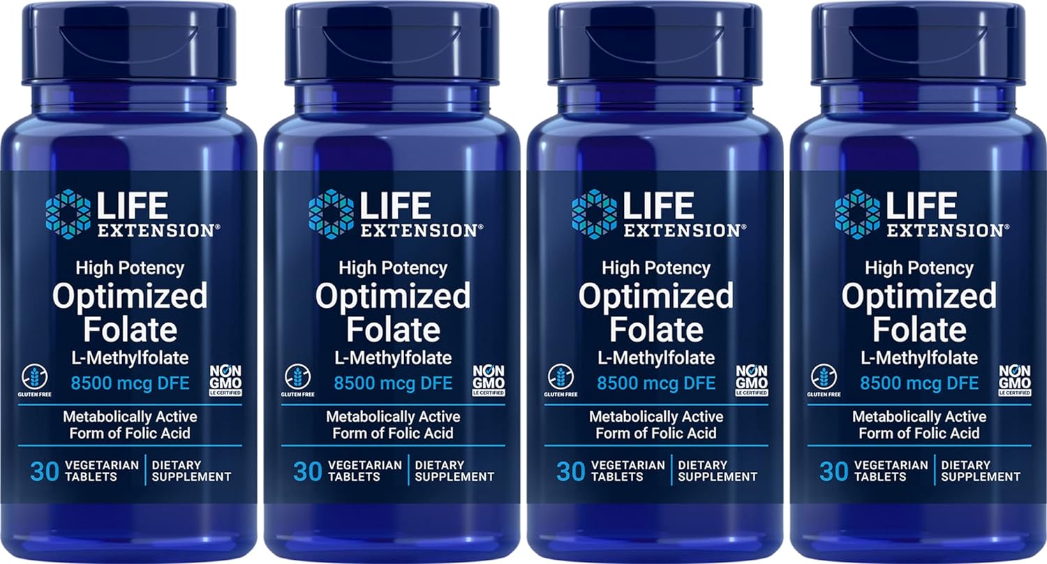 Life Extension High Potency Optimized Folate 8500 Mcg Dfe, 30 Vegetarian Tablets (Pack Of 4)
