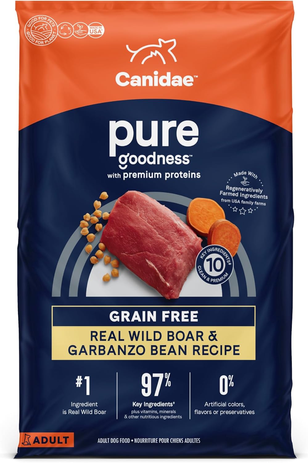 Canidae Pure Grain Free Adult Dry Dog Food, Real Wild Boar & Garbanzo Bean, 22 Lbs