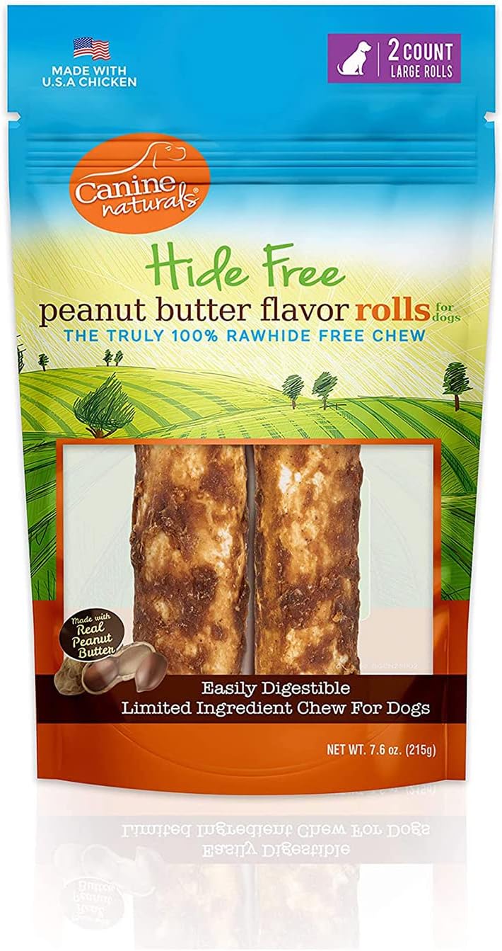 Canine Naturals Peanut Butter Chew - 100% Rawhide Free Dog Treats - Made with Real Peanut Butter - All-Natural and Easily Digestible - 2 Pack of 7 Inch Large Rolls for Dogs Under 50 to 75 lbs