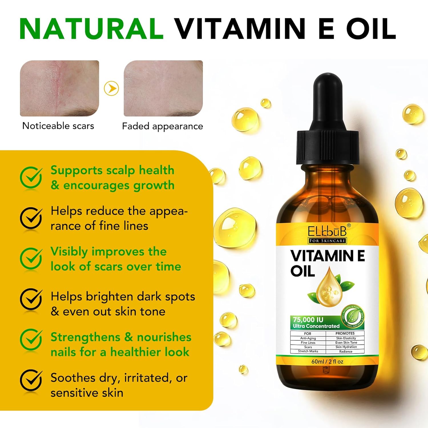 Elbbub Vitamin E Oil - 75,000 Iu Ultra Concentrated - Moisturizes, Fades Scars & Stretch Marks, Anti-Aging & Skin Hydration - For Face, Body, Hair, And Nails : Beauty & Personal Care