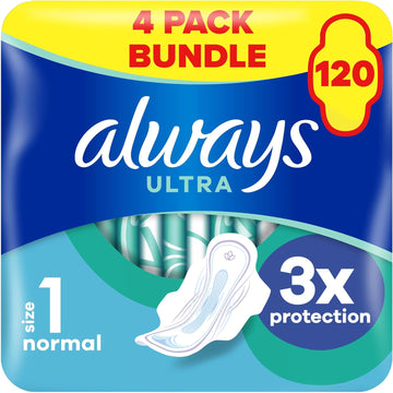 Always Ultra Sanitary Towels, Size 1, Normal, Light Flow, 120 Pads With Wings (30 x 4 Packs) SAVING PACK, Thin And Discreet, Locks Wetness Leaks & Odours, Thin And Discreet