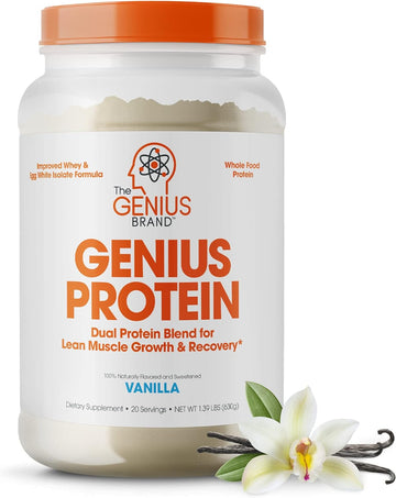 Genius Protein Powder, Vanilla - Dual Protein Blend With Improved Whey Isolate & Natural Egg White For Lean Muscle Building For Men & Women - Grass-Fed Pre & Post Workout Meal Replacement Shake