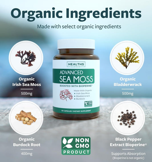 Irish Sea Moss Capsules (Non-Gmo) Organic Irish Seamoss, Bladderwrack & Burdock, With Bioperine Black Pepper Extract For Extra Absorption - Raw Vegan Supplement