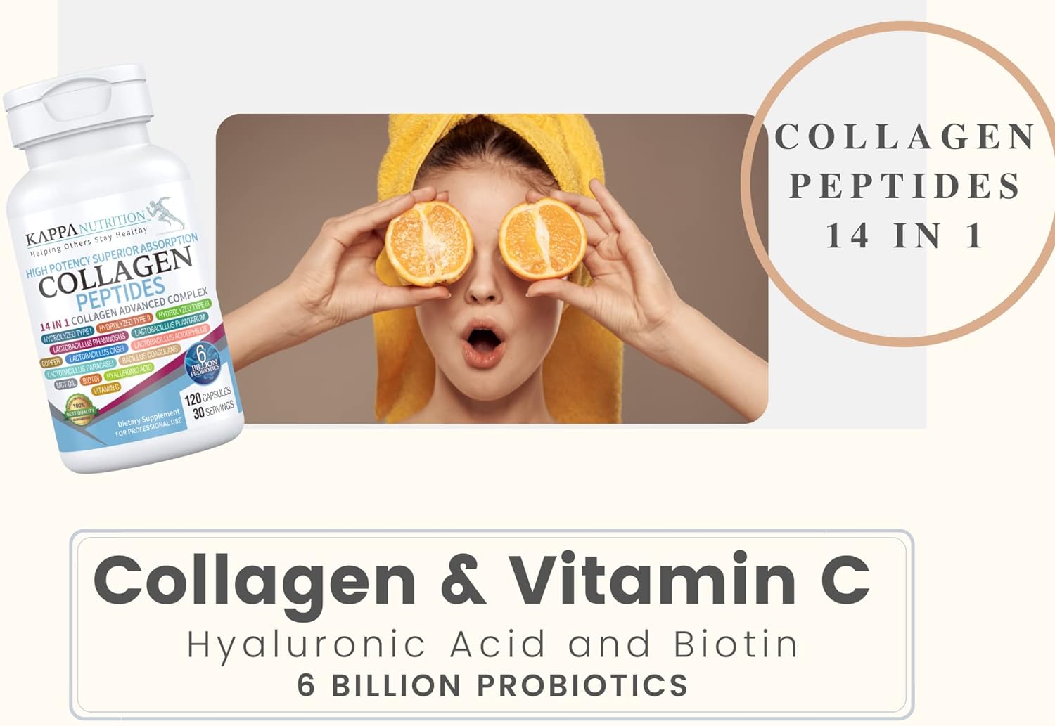 KAPPA NUTRITION Collagen Type I, II, III, 6 Billion Probiotics Acid Resistance, (120 Capsules), Hyaluronic Acid, Vitamin C, Biotin & MCT Oil, Hair, Nails, and Skin, Collagen Peptides 14 in 1 from : Health & Household