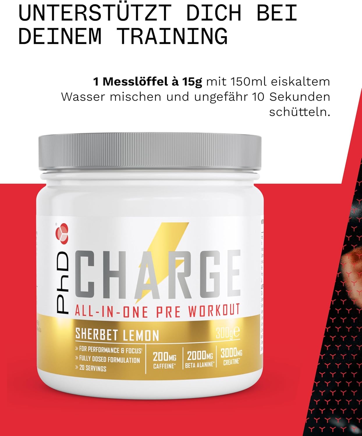 PhD Charge, All in One Pre Workout Powder with Creatine for Women and Men, Rich in Beta Alanine, High Caffeine for pre-Workout, Sherbert Lemon Flavour, 20 Servings Per 300g Bottle : Amazon.co.uk: Health & Personal Care