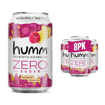 Humm Probiotic Kombucha Zero Sugar Raspberry Lemonade, No Refrigeration Needed, Keto Friendly, Organic, Vegan, Gluten Free, 12Oz Cans (8 Pack)