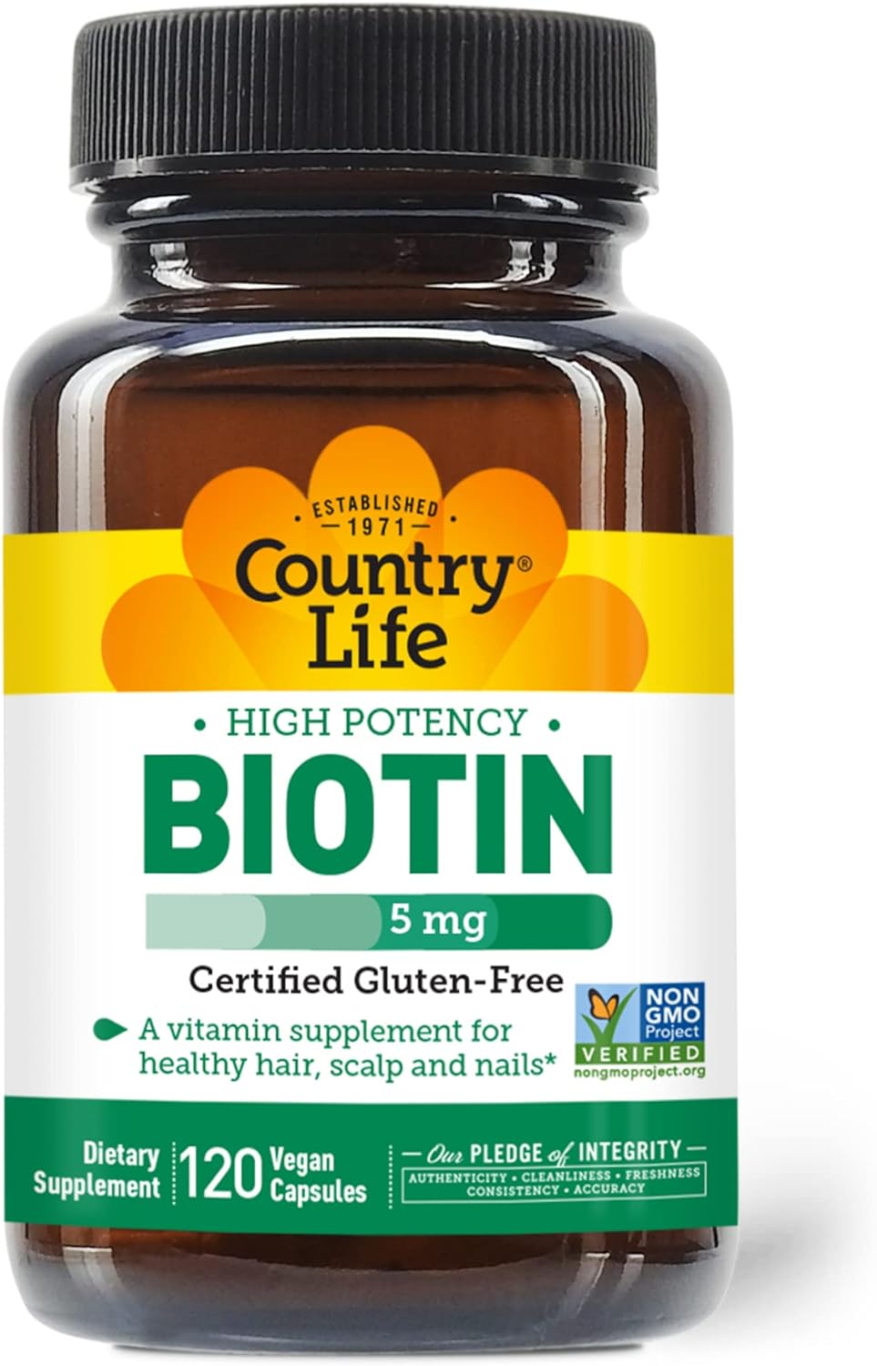 Country Life Biotin High Potency, 5Mg, 120 Count, Certified Gluten Free, Certified Vegan, Verified Non Gmo