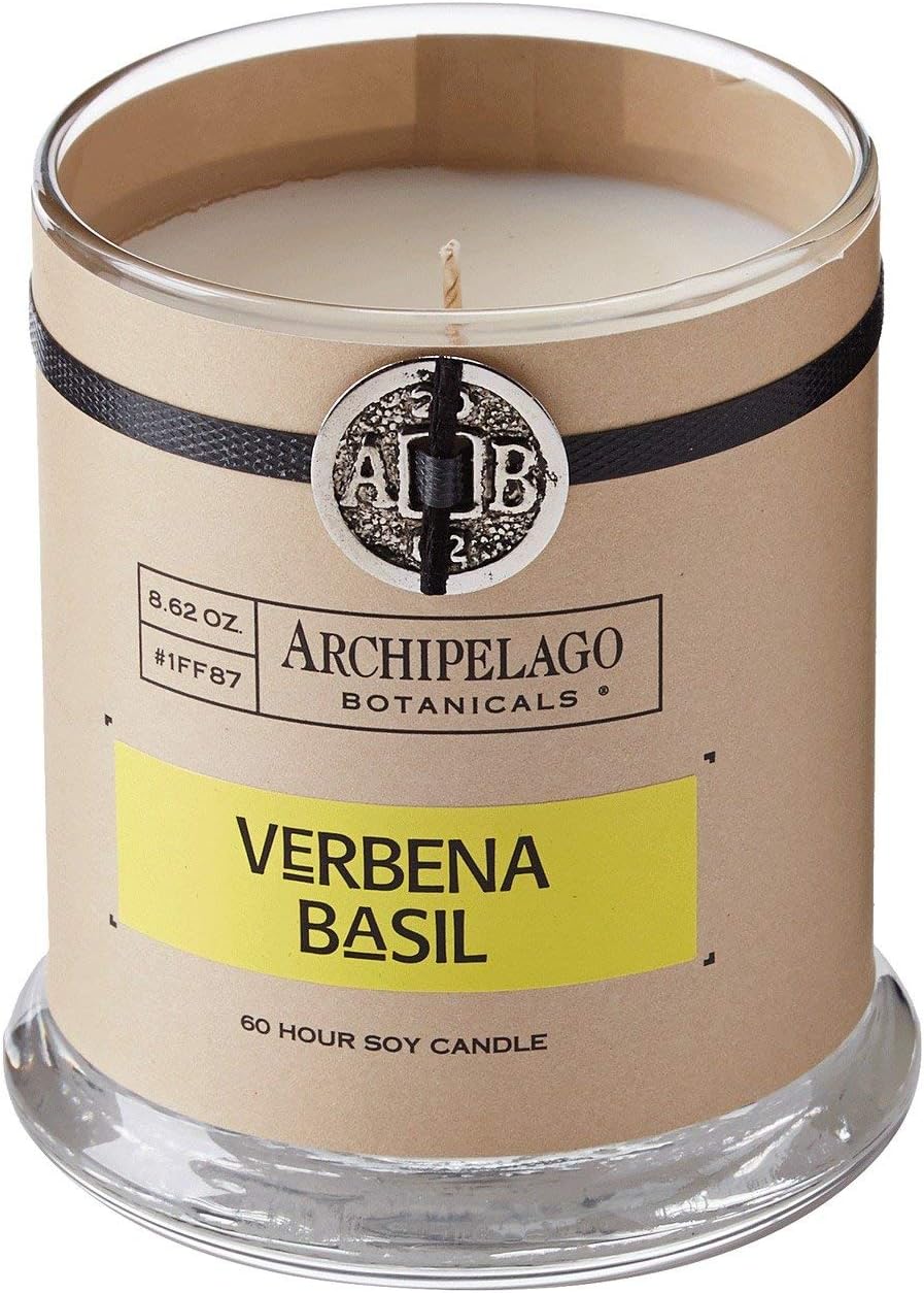 Archipelago Botanicals Soy Candle Hand-Poured Premium Wax, Scented Candle for Home, Burns Approx. 60 Hours, Verbena Basil, Glass Candle Jar, 4.5 Inch, 8.6oz