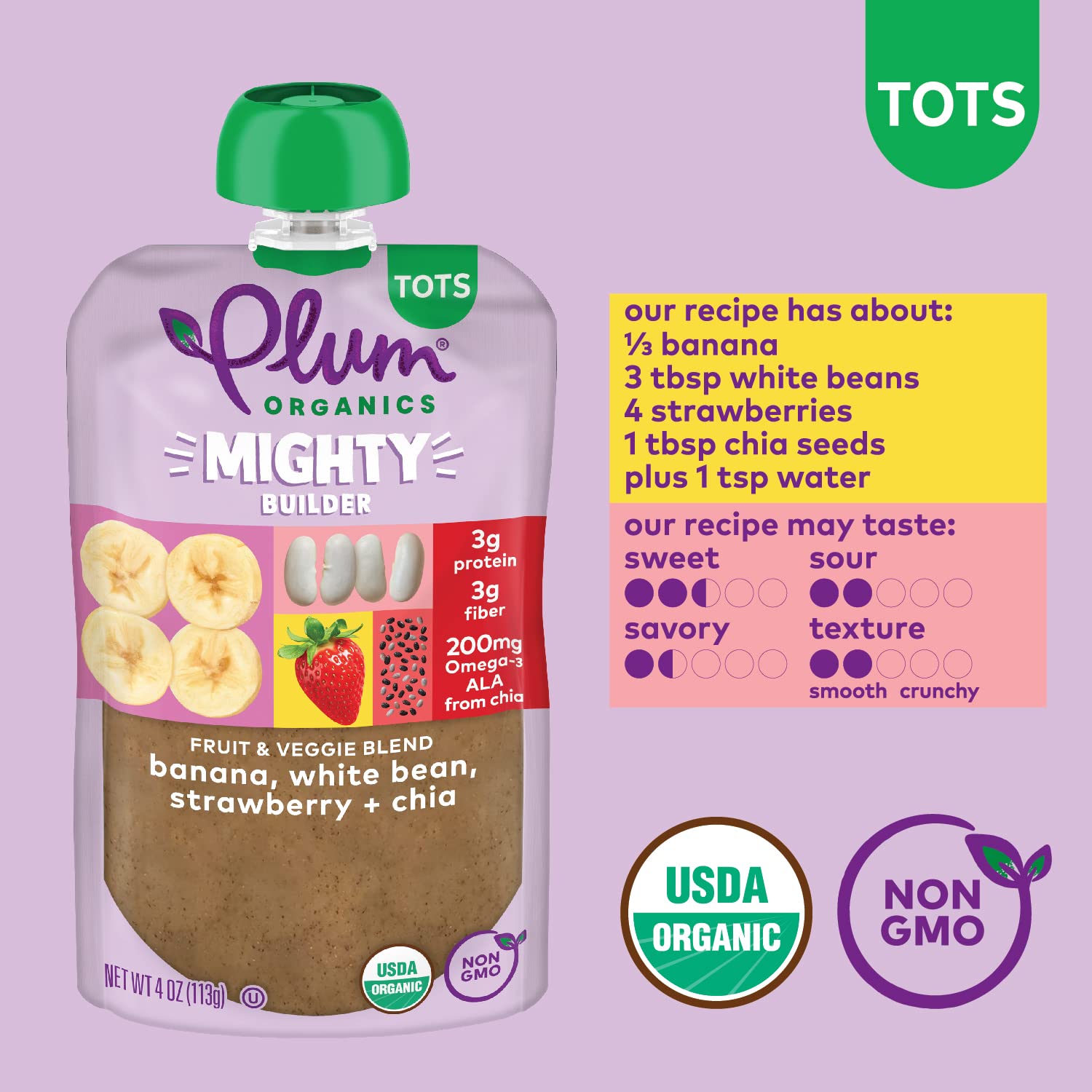 Plum Organics Mighty Builder Organic Toddler Food - Banana, White Bean, Strawberry, and Chia - 4 oz Pouch (Pack of 12) - Organic Fruit and Vegetable Toddler Food Pouch : Baby