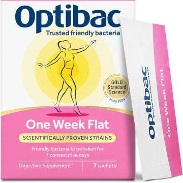 Optibac Probiotics One Week Flat - Vegan Digestive Probiotic Supplement Suitable For Bloating With 5 Billion Bacterial Cultures - 4 Week Supply - 28 Powder Sachets