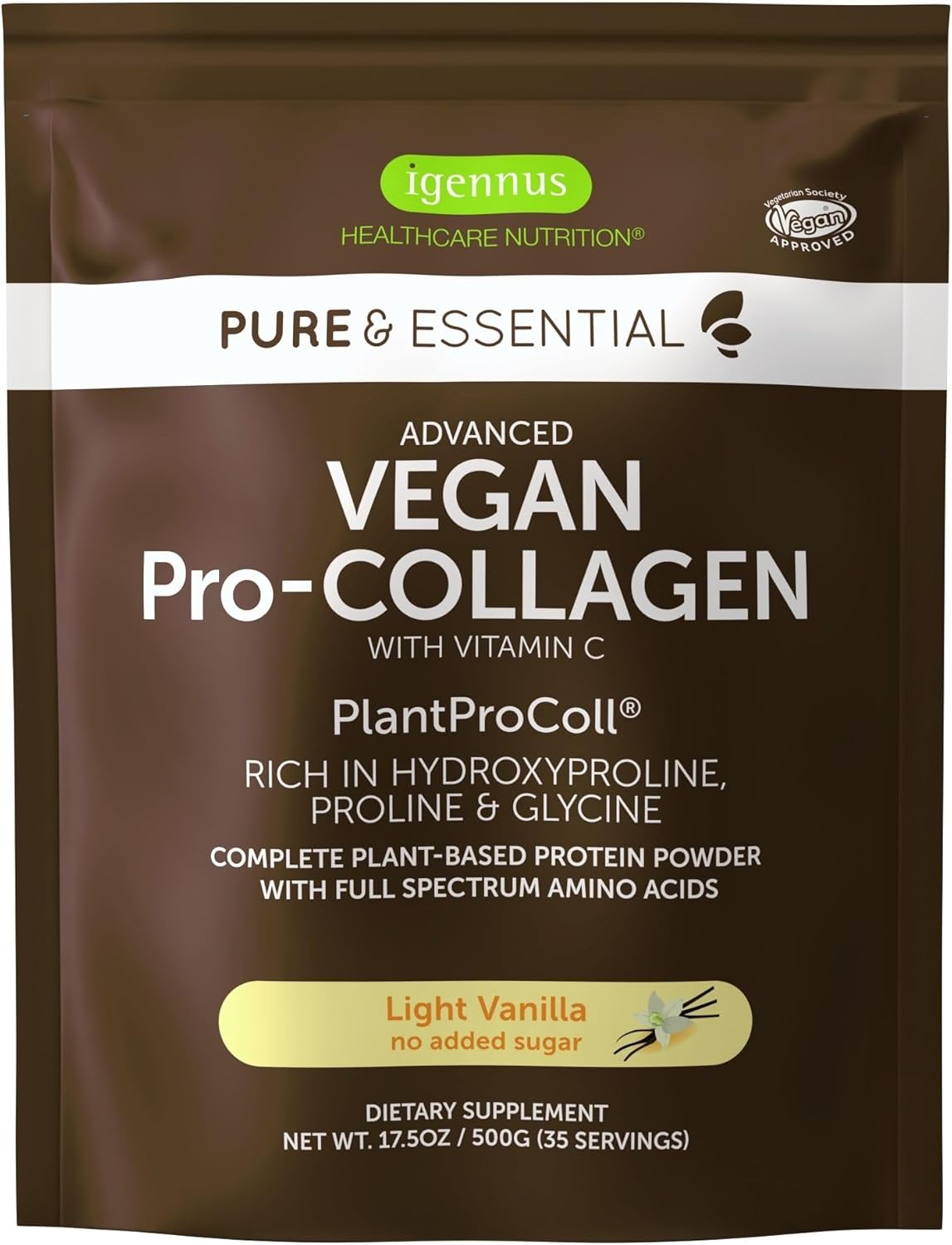 Advanced Vegan Vanilla Collagen Peptide Powder, Enhanced With Glycine, Proline & Hydroxyproline & Cofactor Vitamin C, Non Gmo, Vegetarian Plant Based Collagen Powder Booster, 35 Servings, By Igennus