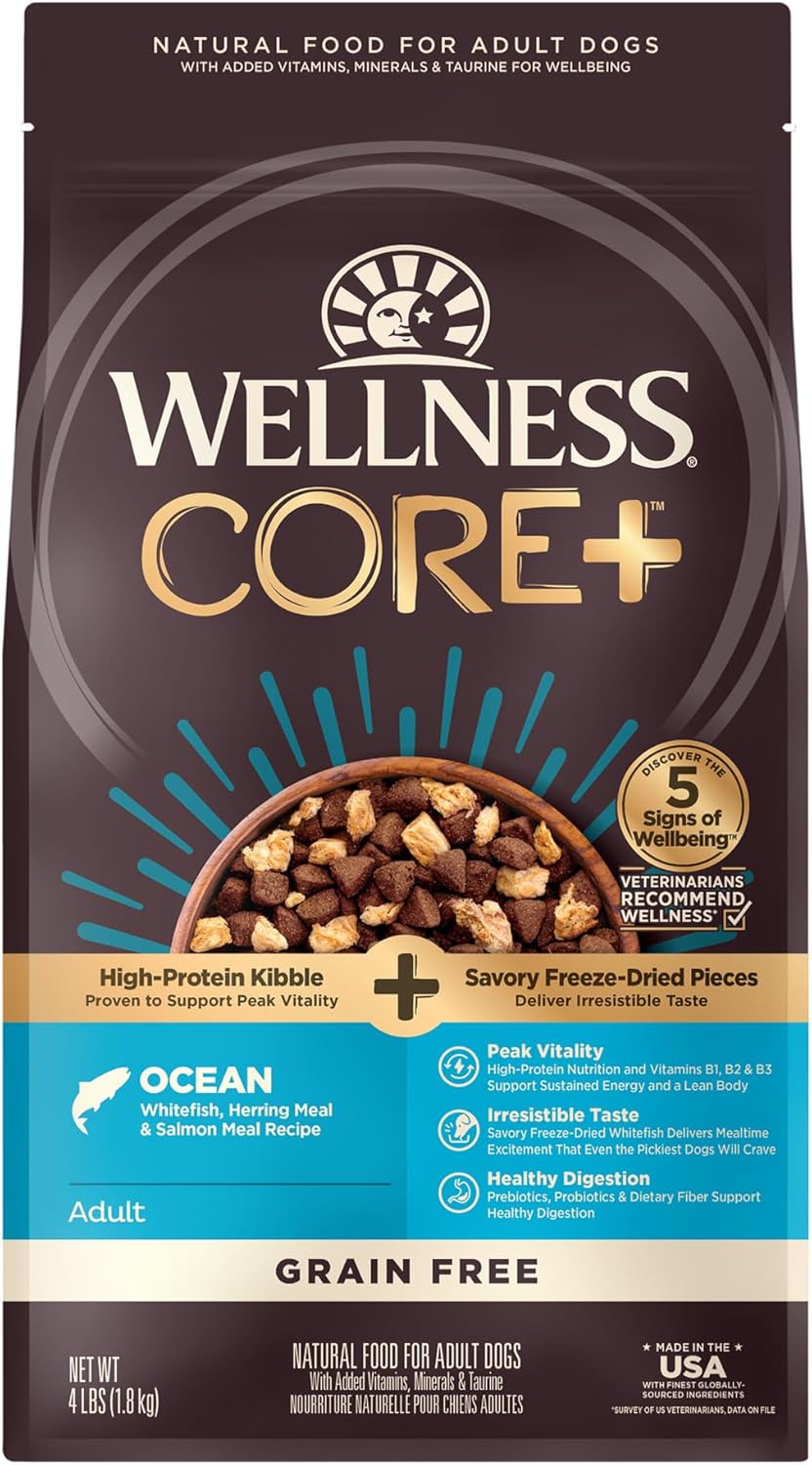Wellness Core+ (Formerly Rawrev) Grain Free Ocean Whitefish, Herring Meal & Salmon Meal Recipe, 4 Pound Bag