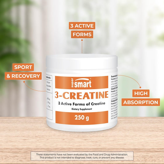 Supersmart - 3-Creatine - With Creatine Monohydrate - Physical Performance & Muscle Stimulator - Increase Faster Post-Exercise Recovery | Non-Gmo & Gluten Free - 250 G