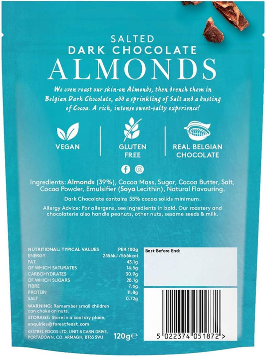 Forest Feast Salted Dark Chocolate Almonds 8 X 120G | Dark Chocolate Coated Salted Almonds With Real Belgian Dark Chocolate, Gluten Free High Protein Vegan Snack