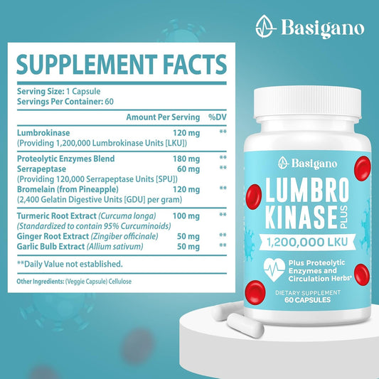 Lumbrokinase Supplement, 1.2 Million Lku - 120Mg Capsules, Potent Nattokinase Alternative With Proteolytic Enzymes And Herbal Blend