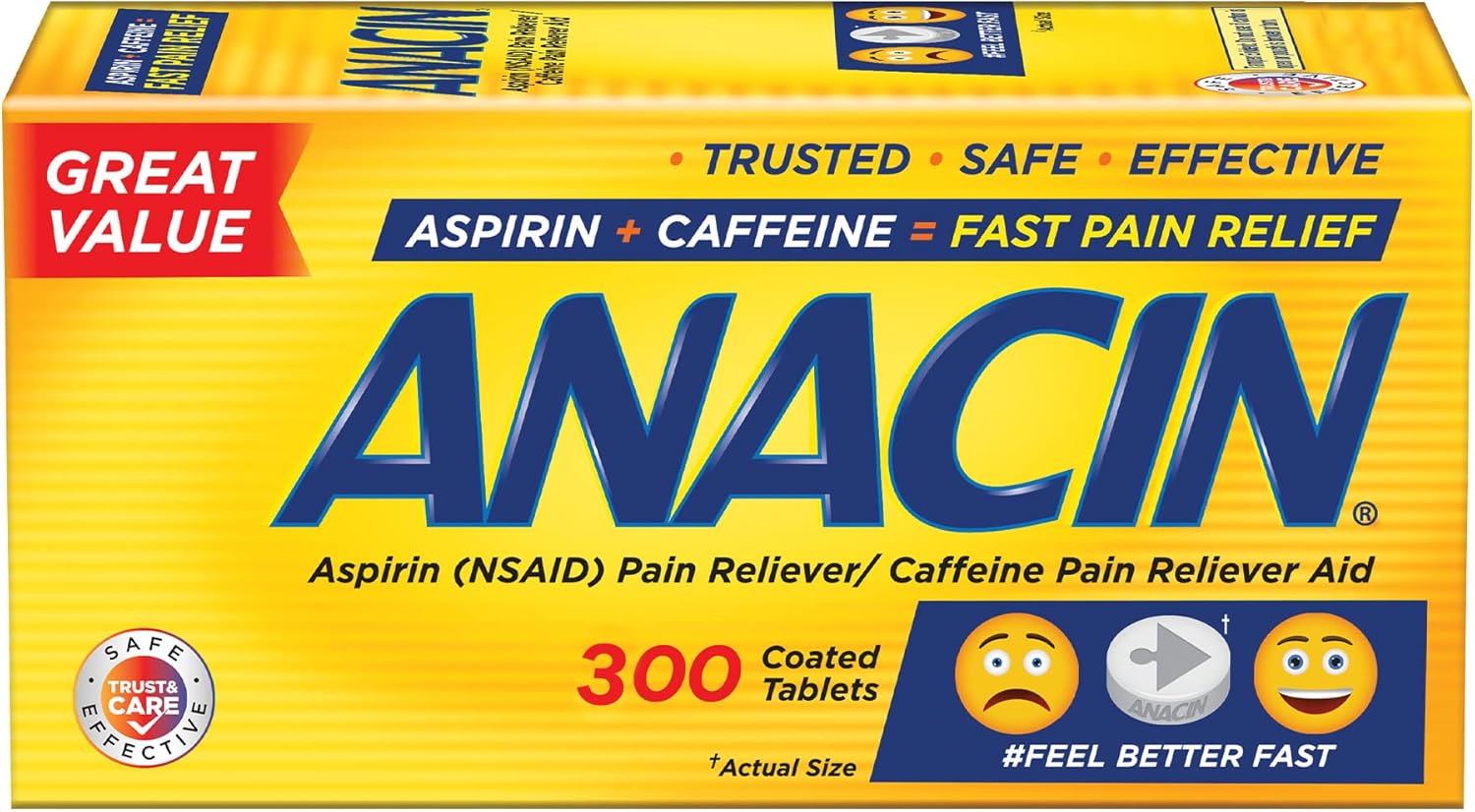 Anacin Fast Pain Relief, Aspirin + Caffeine Pain Reliever, 300 Coated Tablets