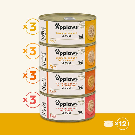 Applaws Natural Wet Cat Food Tin, Chicken Multipack Selection in Broth 70g (Pack of 12 x 70g Tins)?1017ML-AC