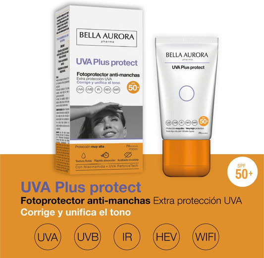 Bella Aurora - Uva Plus Protect, Spf50+ Anti-Stain Face Sunscreen, Unisex, Minimalist, Clear/White