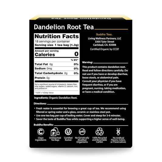 Buddha Teas Organic Dandelion Root Tea - Ou Kosher, Usda Organic, Ccof Organic, 18 Bleach-Free Tea Bags