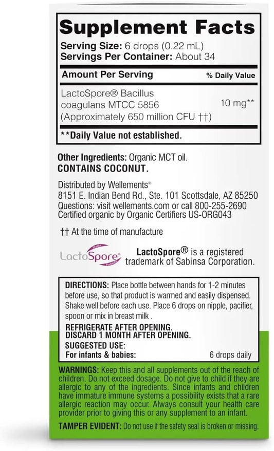 Wellements Organic Baby Probiotic Drops | Digestive and Immune Support for Infants and Toddlers | Essential Support for Baby Gut Health | USDA Organic | Preservative Free | 0.25 Fl Oz | Newborn+