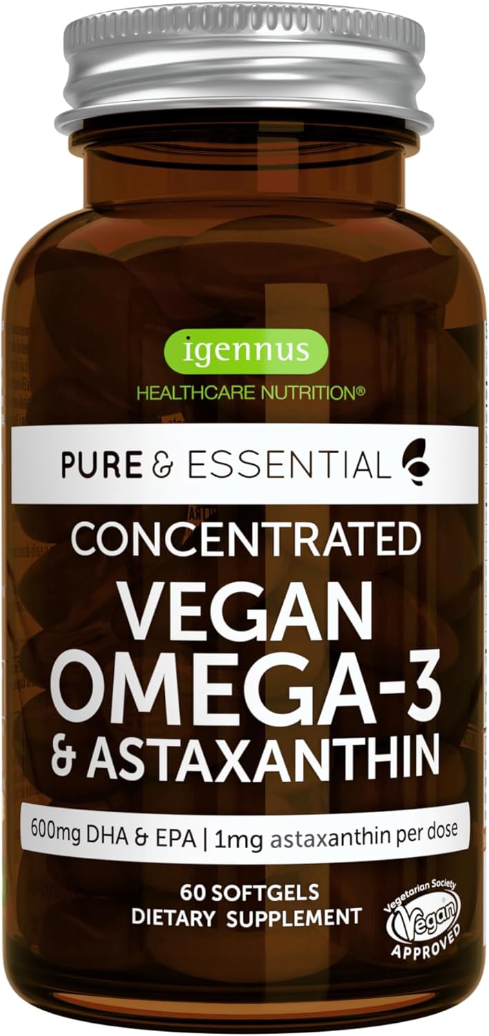 Vegan Dha & Epa Omega 3 Algae Oil & Astaxanthin Antioxidant, 1344Mg Omega 3, Pure & Sustainable, 60 Small Softgels, 400Mg Dha & 200Mg Epa, Clean Label, Easy-To-Swallow, 30 Servings, By Igennus