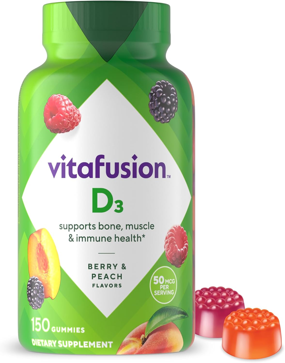 Vitafusion Vitamin D3 Gummy Vitamins For Bone And Immune System Support, Peach, Blackberry And Strawberry Flavored, 50 Mcg Vitamin D, 75 Day Supply, 150 Count