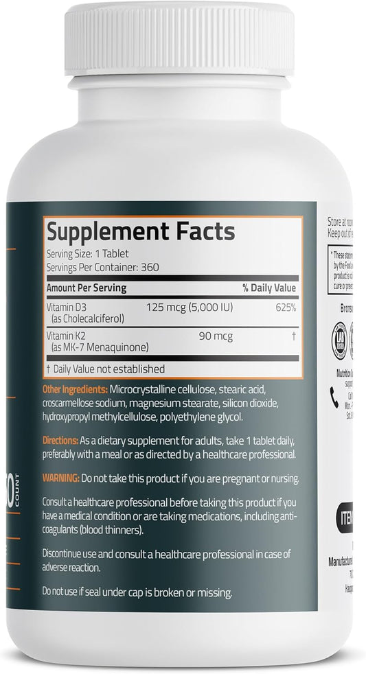 Bronson Basics Vitamin K2 D3 (Mk7) Supplement Non-Gmo Formula 5000Iu (125 Mcg) Vitamin D3 & 90 Mcg Vitamin K2 Mk-7 Easy To Swallow Vitamin D & K Complex, 360 Tablets