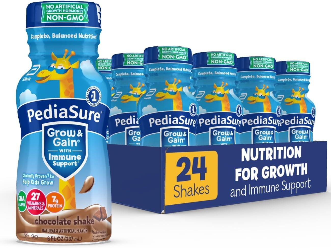 Pediasure Grow & Gain With Immune Support, Kids Protein Shake, 27 Minerals & Vitamins For Kids, 7G Protein, Helps Kids Catch Up On Growth, Non-Gmo, Gluten-Free, Chocolate, 8-Fl-Oz Bottle, Pack Of 24