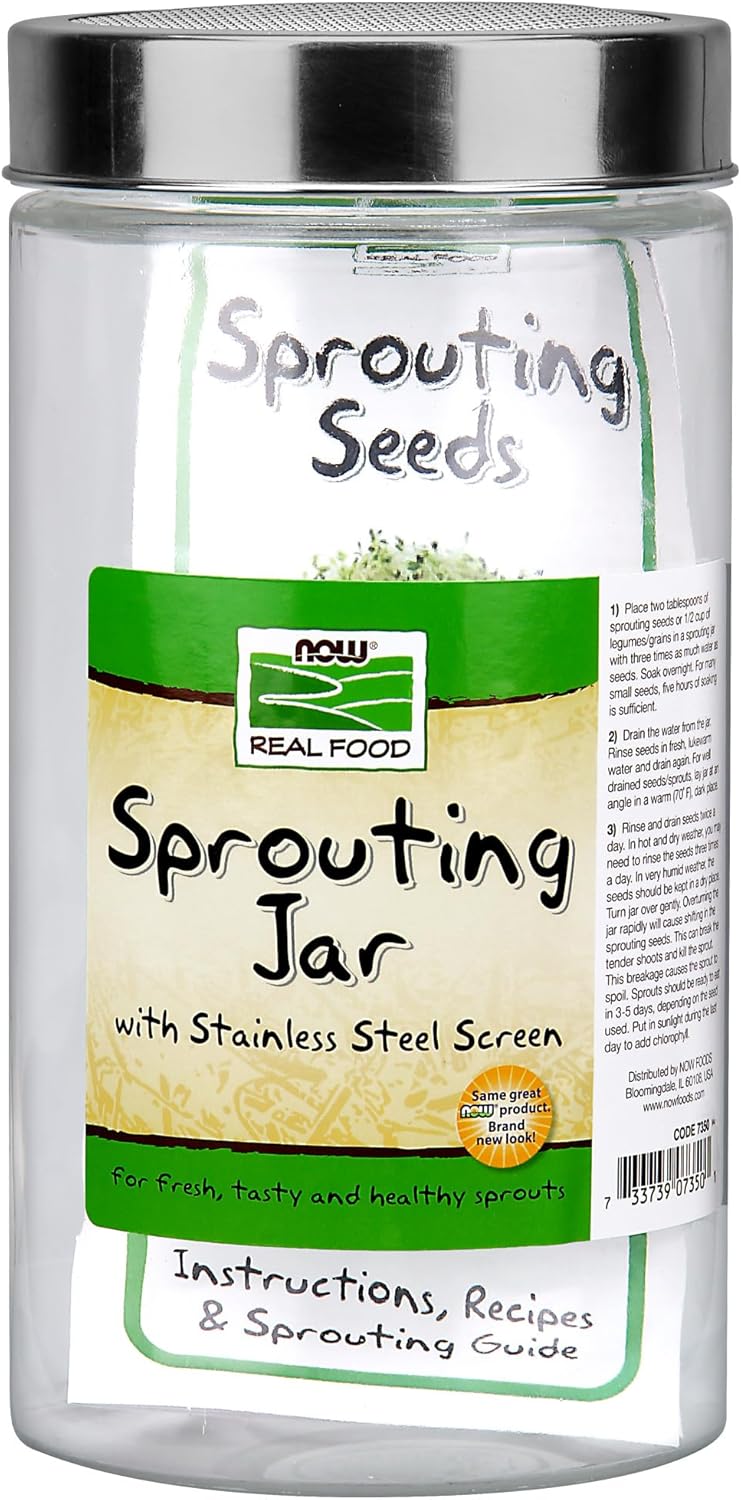 NOW Foods, Sprouting Jar with Stainless Steel Screen, Designed for Legumes, Seeds and Grains Sprouting, 1 Jar