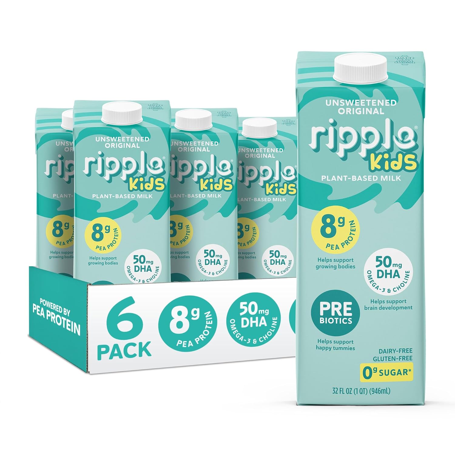 Ripple Kids Unsweetened Plant Based Milk | 8G Of Quality Sourced Pea Protein, Calcium Rich | Shelf Stable | Vegan & Non Gmo | Dairy, Soy, Nut, Gluten, & Lactose Free | 32 Fl Oz Cartons (Pack Of 6)