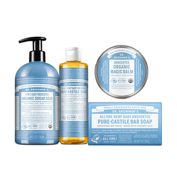 Dr. Bronner'S Baby Unscented Gift Set - Pure-Castile Liquid And Bar Soaps, Organic Magic Balm, And 4-In-1 Organic Sugar Pump Soap