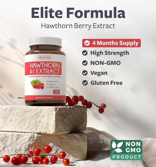 Hawthorn Berry Capsules (4 Month Supply) High Strength Extract - Digestion & Heart Health Supplements - Concentrated from 2660mg Fresh Berries - Hawthorne Supplement for Men, Women