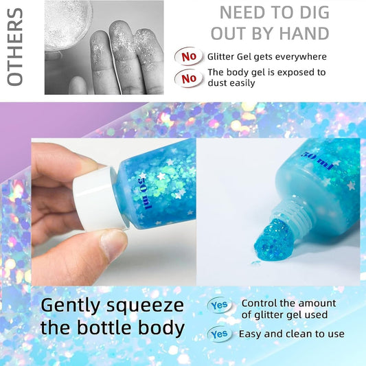 Beliky Girl Body Glitter Gel, 50Ml Face Glitters Body Gel Sequins Shimmer Liquid Eyeshadow, Mermaid Sequins Liquid Holographic Glitter Gel, Chunky Glitter For Face Hair Nails (Lake Blue)