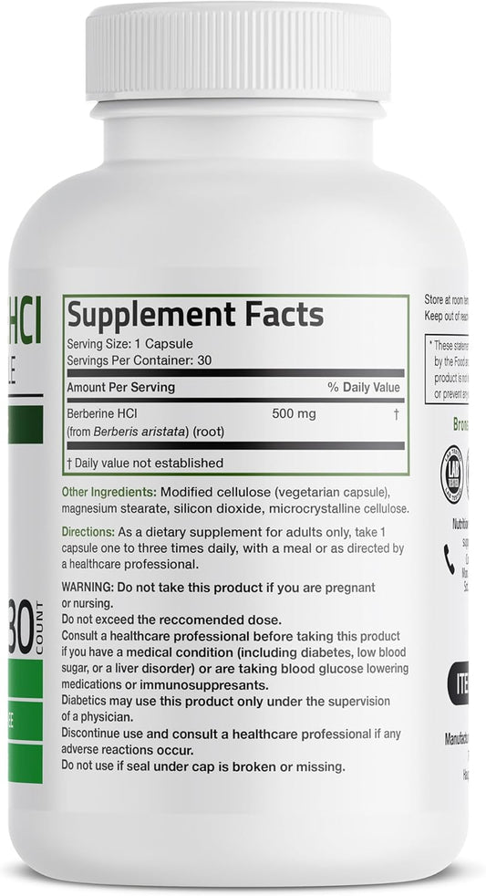 Bronson Berberine As Berberine Hci Berberis Aristata 500Mg Per Vegetarian Capsule Non-Gmo, 30 Vegetarian Capsules