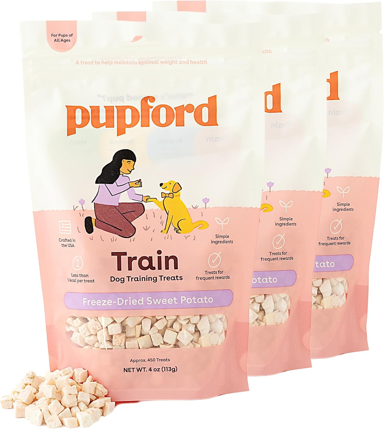 Pupford Freeze Dried Training Treats For Dogs & Puppies, 1400+ One Ingredient Bites (Sweet Potato, 4 Oz, 3 Pack)