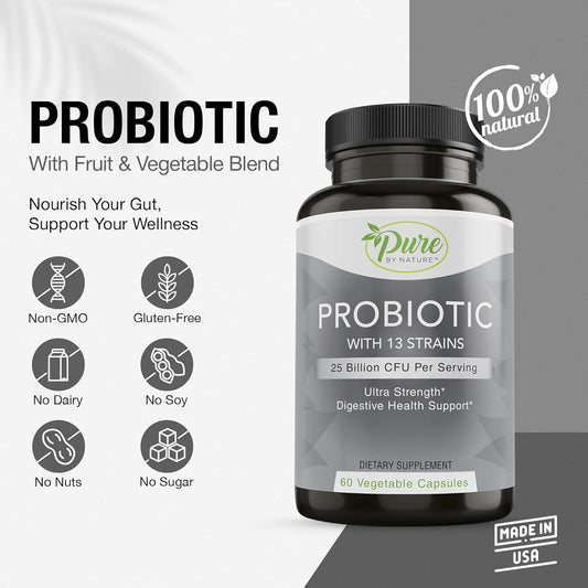 Pure By Nature Probiotics For Women & Men, 13 Strains With 25 Billion Cfu, Probiotics For Digestive Health, Gut Health, Immune Support, Bloating & Constipation, Vegan & Shelf-Stable, 60 Capsules