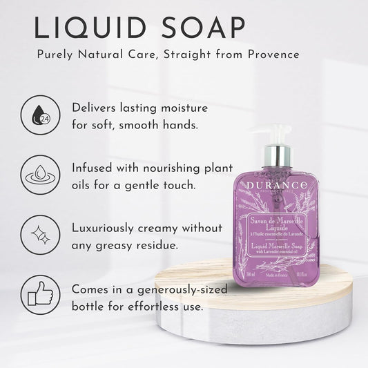 Durance Liquid Marseille Soap With Lavender Essential Oil 300Ml - Paraben Free Hand Wash - Vegan Friendly - Gently Cleanses & Nourishes