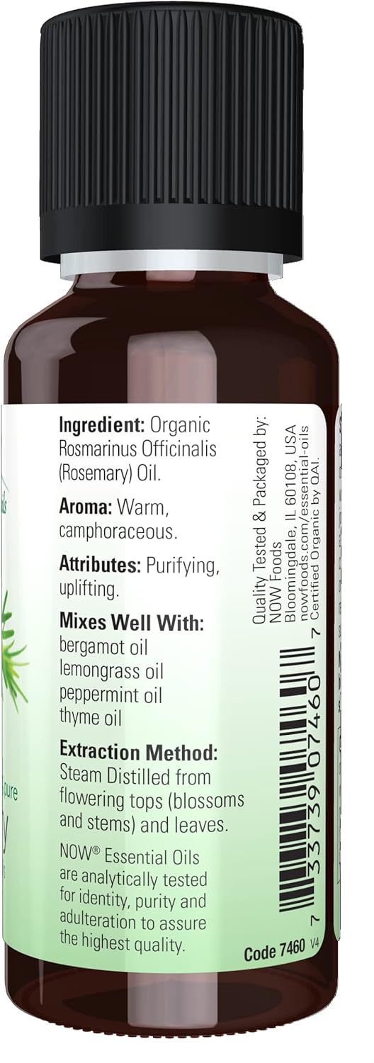 Now Essential Oils, Organic Rosemary Oil, Purifying Aromatherapy Scent, Steam Distilled, 100% Pure, Vegan, Child Resistant Cap, 1-Ounce