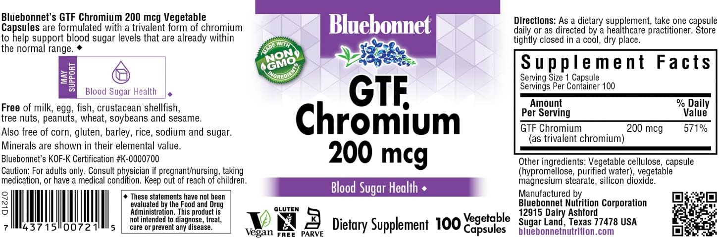 Bluebonnet Nutrition Gtf Chromium 200 Mcg, 100 Count