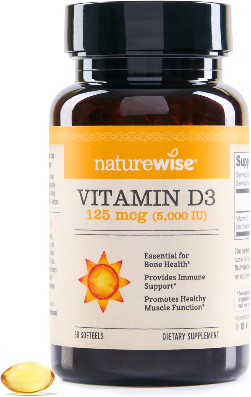 Naturewise Vitamin D3 5000Iu (125 Mcg) Healthy Muscle Function, And Immune Support, Non-Gmo, Gluten Free In Cold-Pressed Olive Oil, Packaging Vary (Mini Softgel), 30 Count