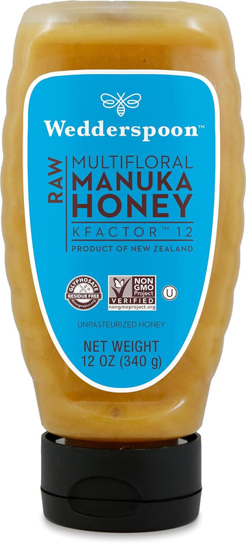 Wedderspoon Raw Premium Manuka Honey, KFactor 12, 12 Oz, Unpasteurized, Genuine New Zealand Honey, Non-GMO Superfood, Traceable from Our Hives to Your Home, Convenient Squeeze Bottle